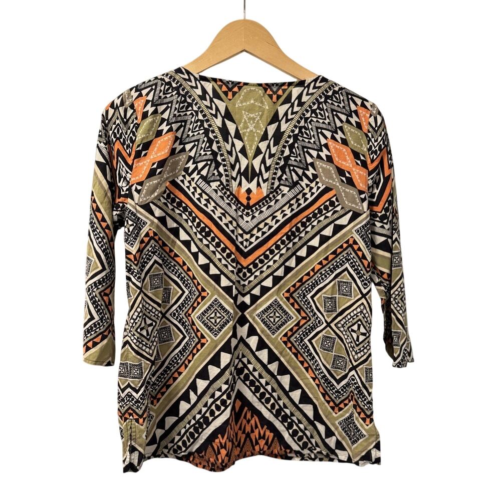 Chicos Cotton Aztec Print Green Black Peasant Boho Tunic Top Shirt Women’s 14